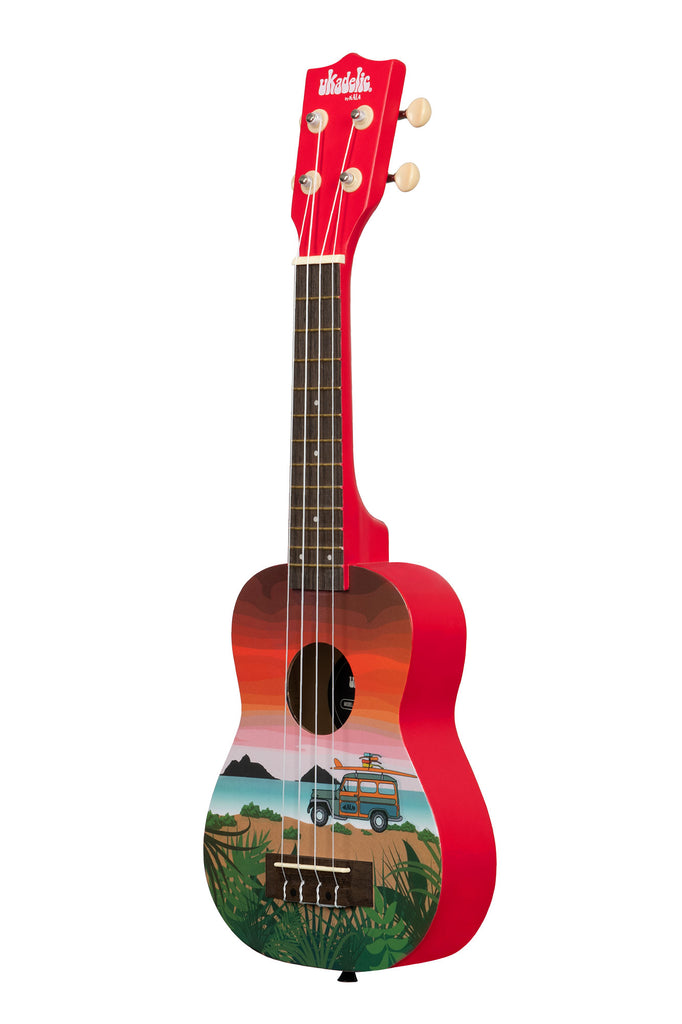 A Surfari Ukadelic Soprano Ukulele shown at a left angle