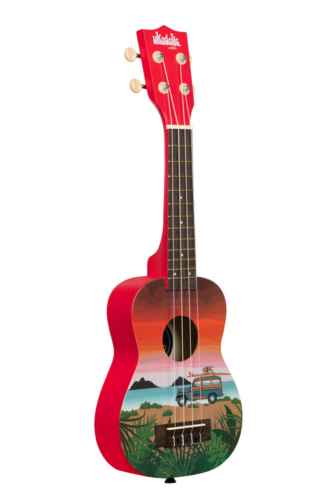 A Surfari Ukadelic Soprano Ukulele shown at a right angle