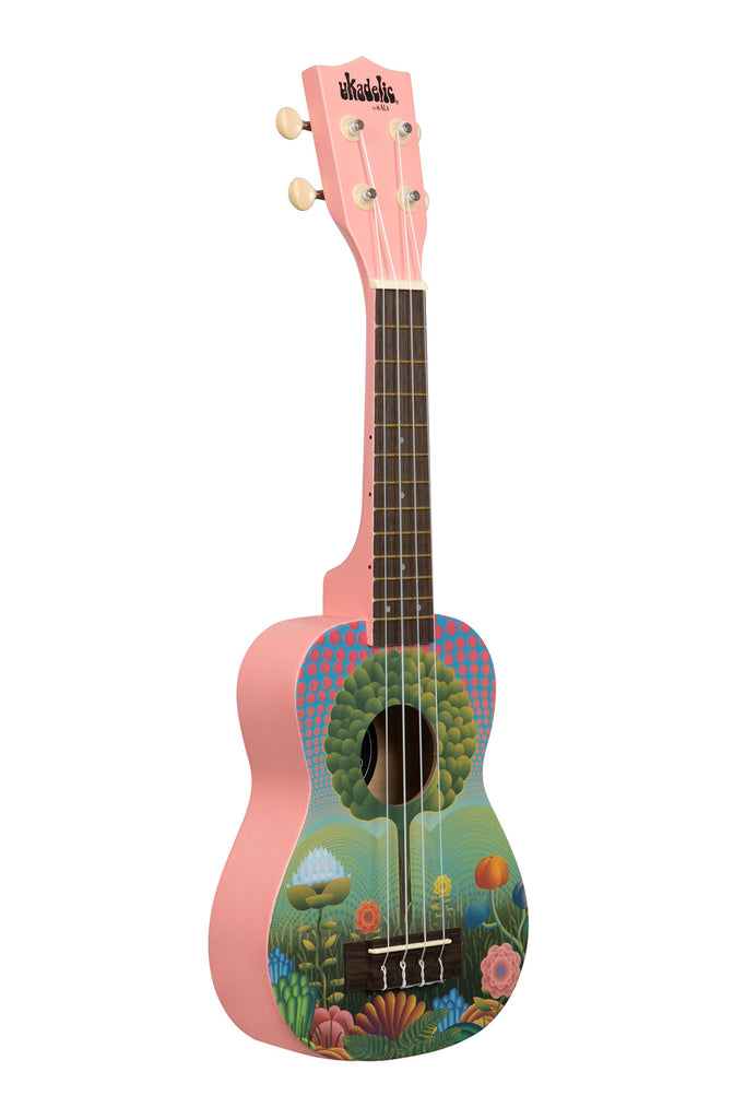 A Uketopia Ukadelic Soprano Ukulele shown at a right angle