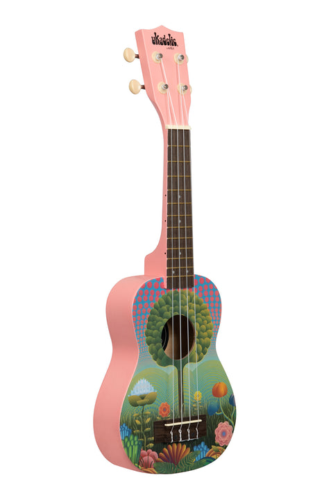 A Uketopia Ukadelic Soprano Ukulele shown at a right angle