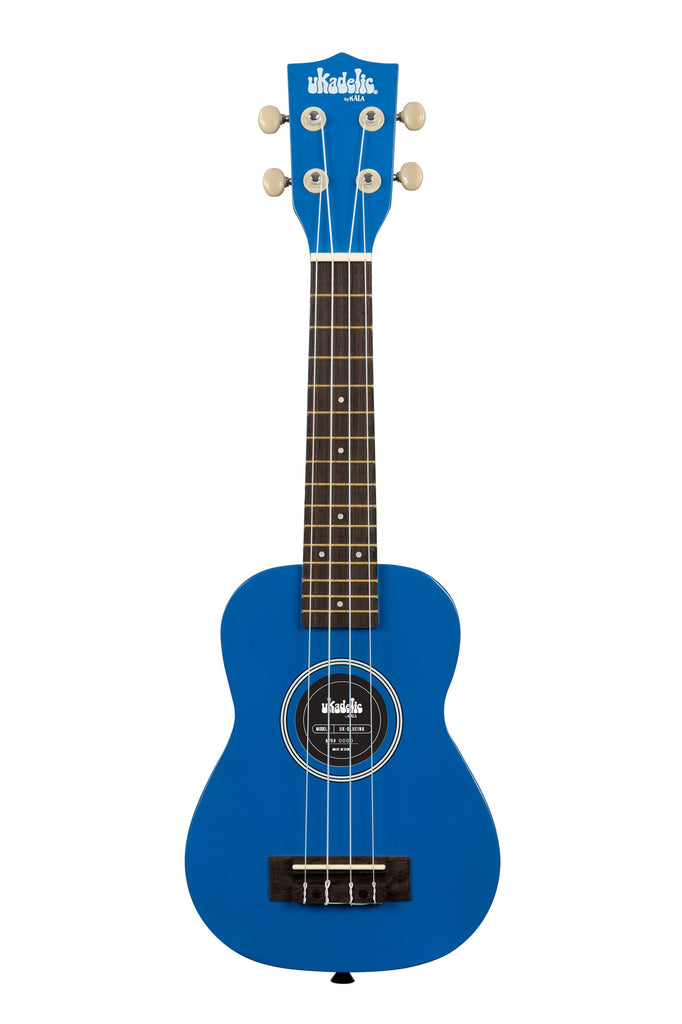 A Blue Ink Ukadelic Soprano Ukulele shown at a front angle