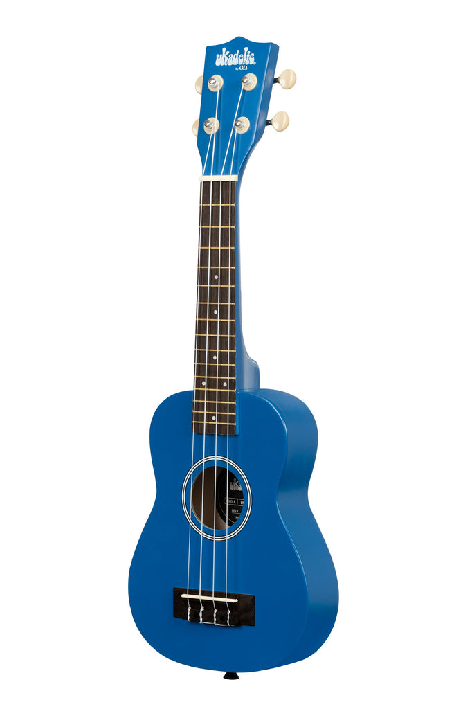 A Blue Ink Ukadelic Soprano Ukulele shown at a left angle