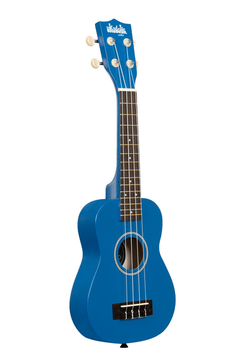 A Blue Ink Ukadelic Soprano Ukulele shown at a right angle