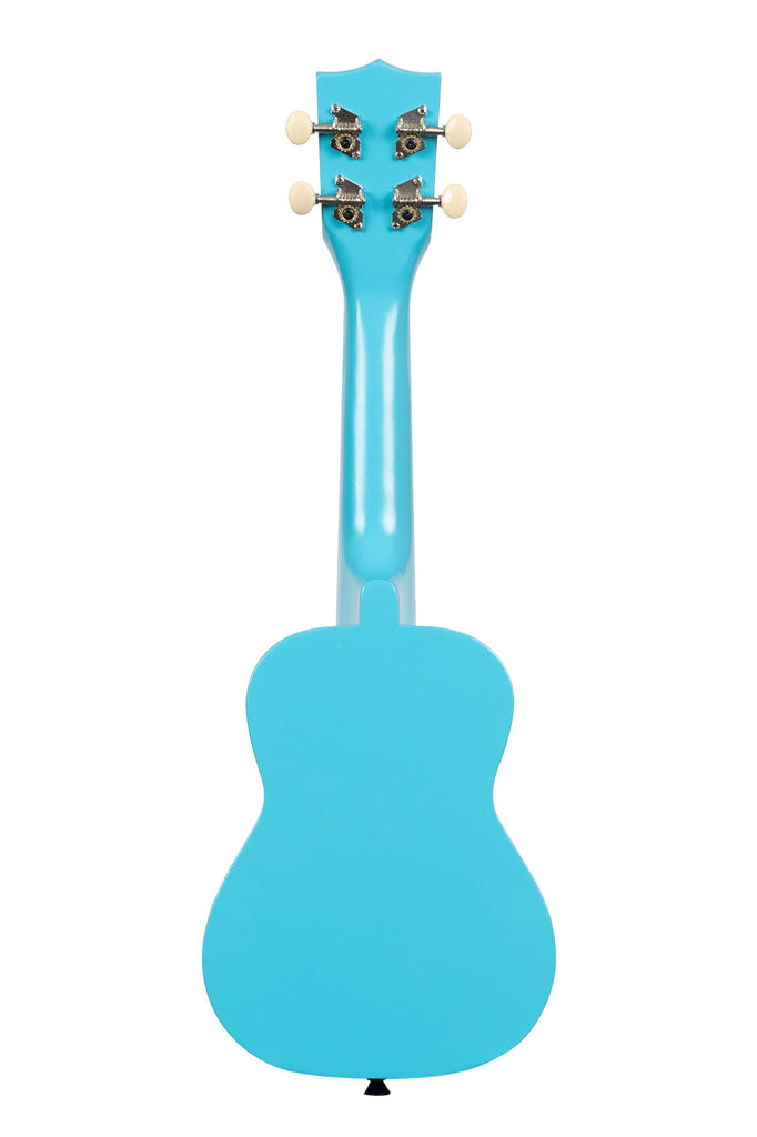 A Blue Yonder Ukadelic Soprano Ukulele shown at a back angle