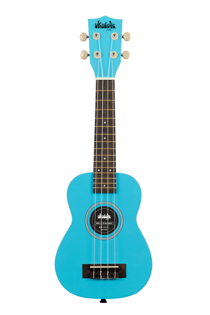 A Blue Yonder Ukadelic Soprano Ukulele shown at a front angle