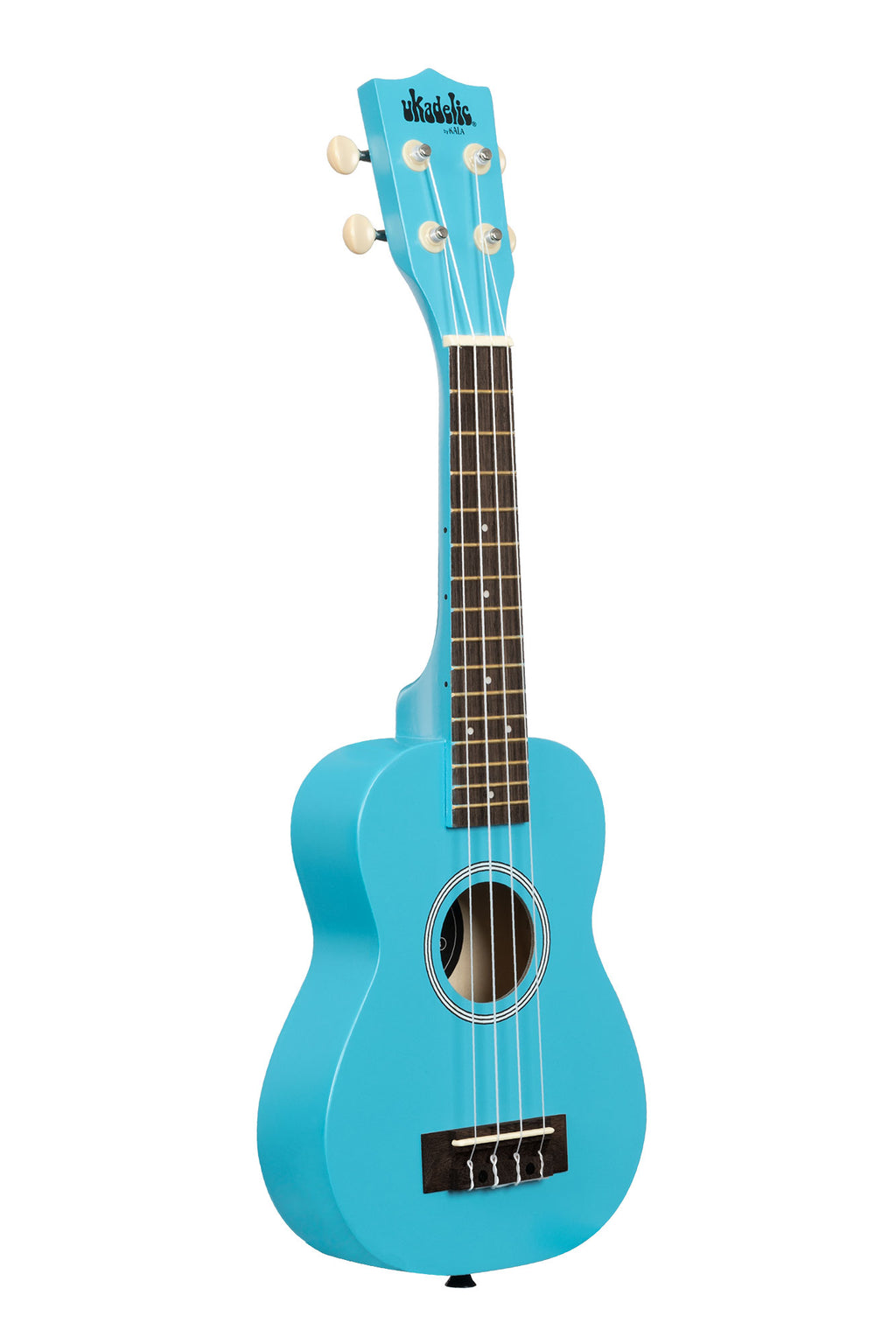 A Blue Yonder Ukadelic Soprano Ukulele shown at a right angle