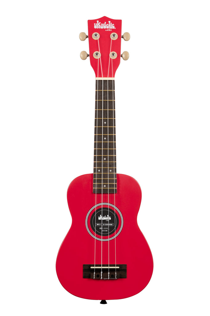A Cherry Bomb Ukadelic Soprano Ukulele shown at a front angle