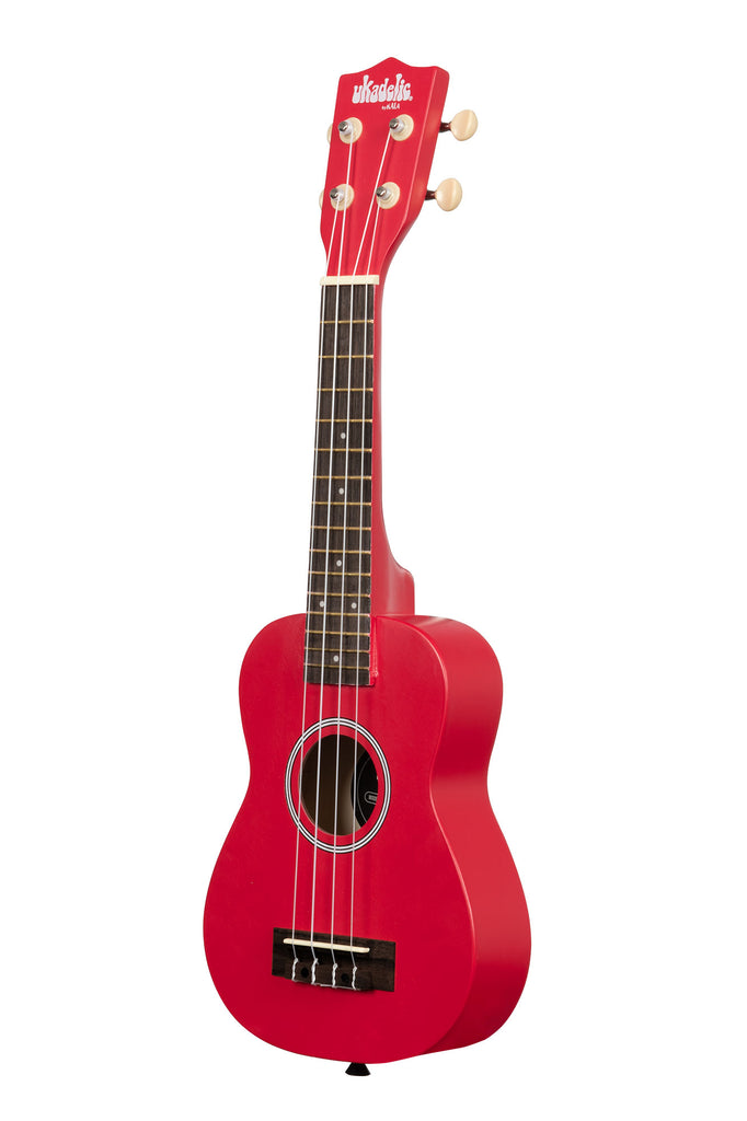 A Cherry Bomb Ukadelic Soprano Ukulele shown at a left angle