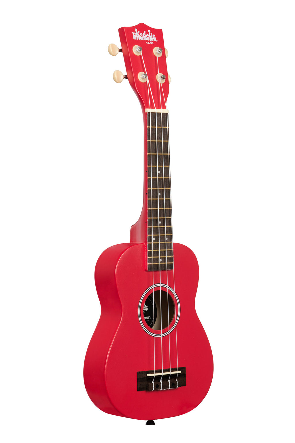 A Cherry Bomb Ukadelic Soprano Ukulele shown at a right angle