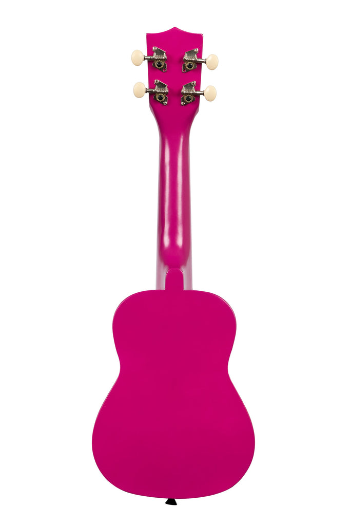 A Dragon Fruit Ukadelic Soprano Ukulele shown at a back angle
