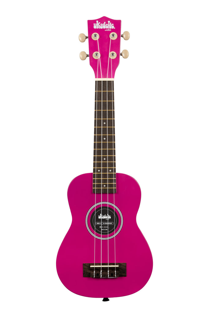 A Dragon Fruit Ukadelic Soprano Ukulele shown at a front angle