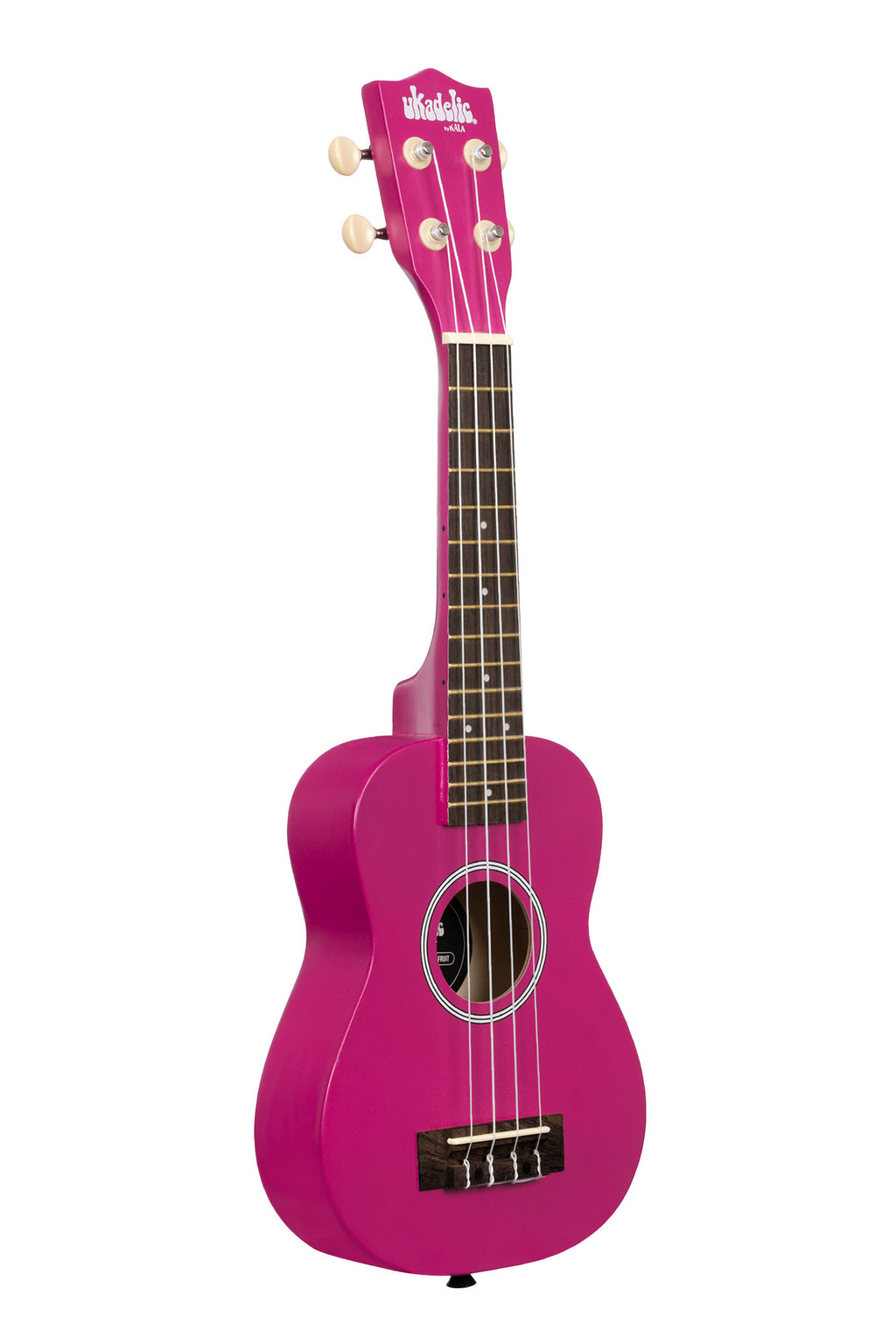 A Dragon Fruit Ukadelic Soprano Ukulele shown at a right angle