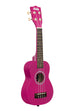 A Dragon Fruit Ukadelic Soprano Ukulele shown at a right angle