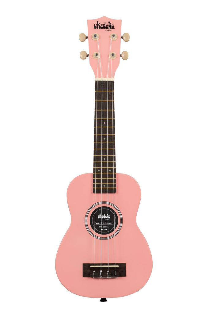A Flamingo Ukadelic Soprano Ukulele shown at a front angle
