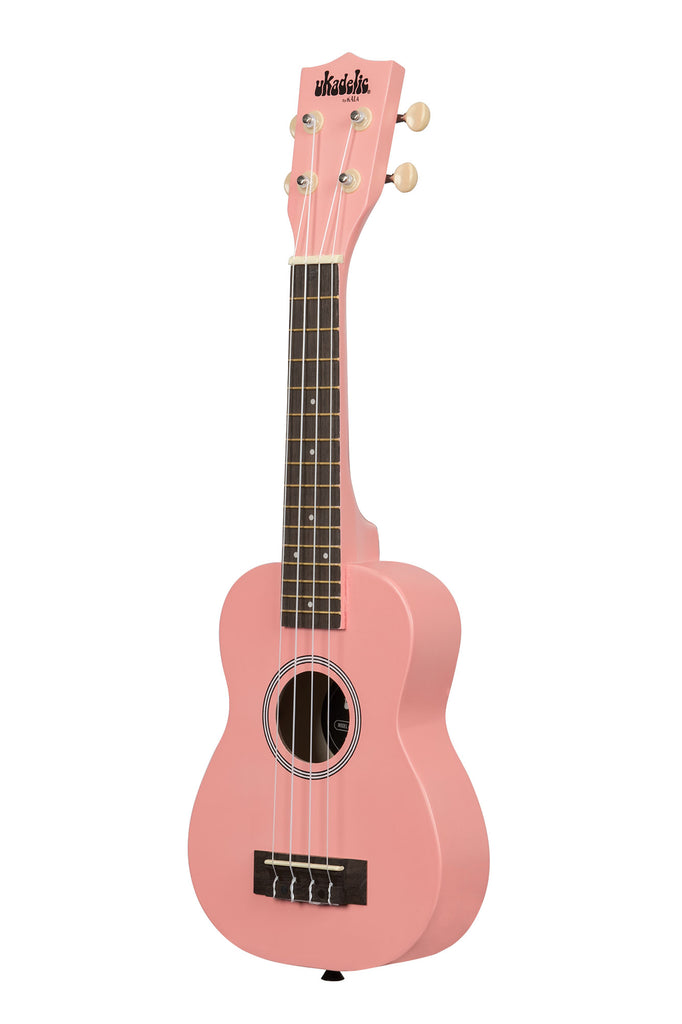 A Flamingo Ukadelic Soprano Ukulele shown at a left angle