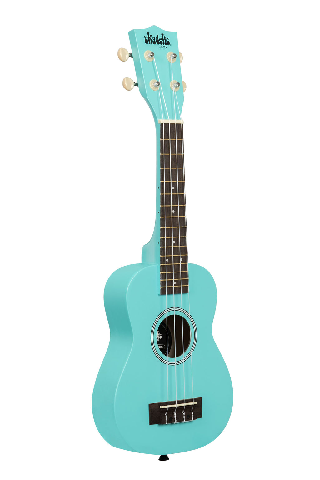 A Frost Bite Ukadelic Soprano Ukulele shown at a right angle
