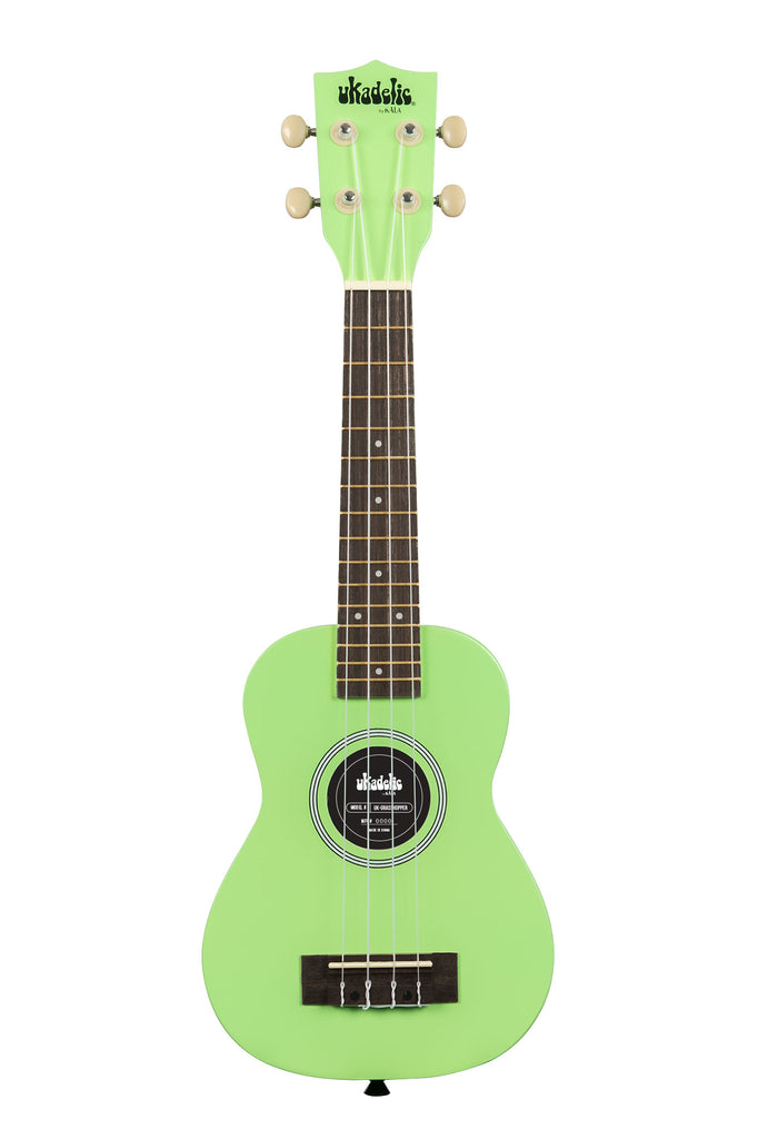 A Grasshopper Ukadelic Soprano Ukulele shown at a front angle