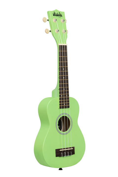 A Grasshopper Ukadelic Soprano Ukulele shown at a right angle