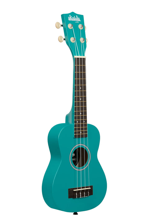 A Lochness Ukadelic Soprano Ukulele shown at a right angle