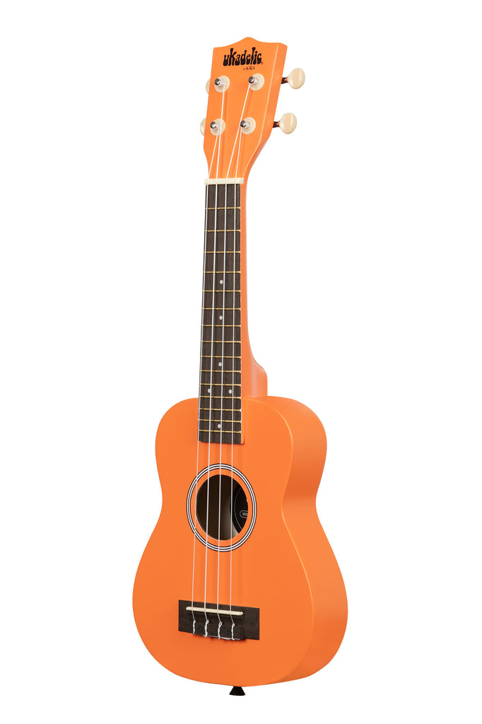 A Marmalade Ukadelic Soprano Ukulele shown at a left angle