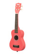 A Razzle Dazzle Ukadelic Soprano Ukulele shown at a left angle