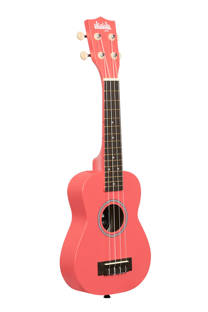 A Razzle Dazzle Ukadelic Soprano Ukulele shown at a right angle