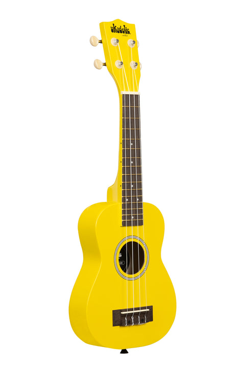 A Taxi Cab Ukadelic Soprano Ukulele shown at a right angle
