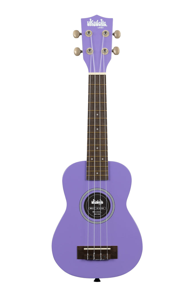 A UltraViolet Ukadelic Soprano Ukulele shown at a front angle