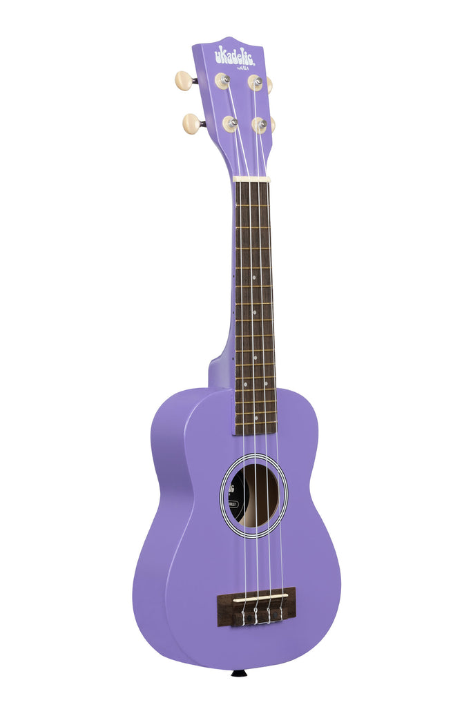 A UltraViolet Ukadelic Soprano Ukulele shown at a right angle