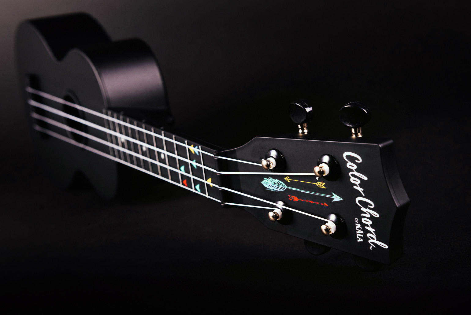 Kala Color Chord™ Ukulele long profile image with headstock with logo, tuners, strings, fretboard, and color-coded chord markers.