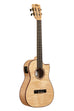 A All Solid Flame Maple Cutaway Baritone Ukulele w/ EQ & Bag shown at a right angle