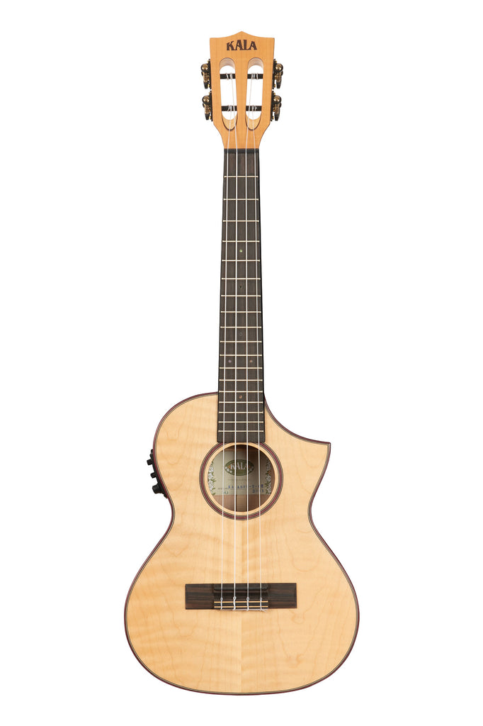 A All Solid Flame Maple Cutaway Tenor Ukulele w/ EQ & Bag shown at a front angle