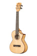 A All Solid Flame Maple Cutaway Tenor Ukulele w/ EQ & Bag shown at a left angle