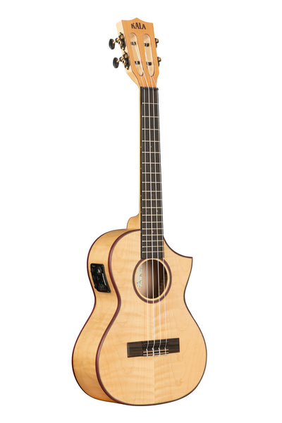 A All Solid Flame Maple Cutaway Tenor Ukulele w/ EQ & Bag shown at a right angle