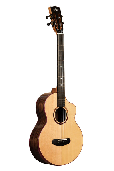 A Contour All Solid Gloss Spruce Rosewood Baritone Ukulele w/ Cutaway and Bag shown at a right angle