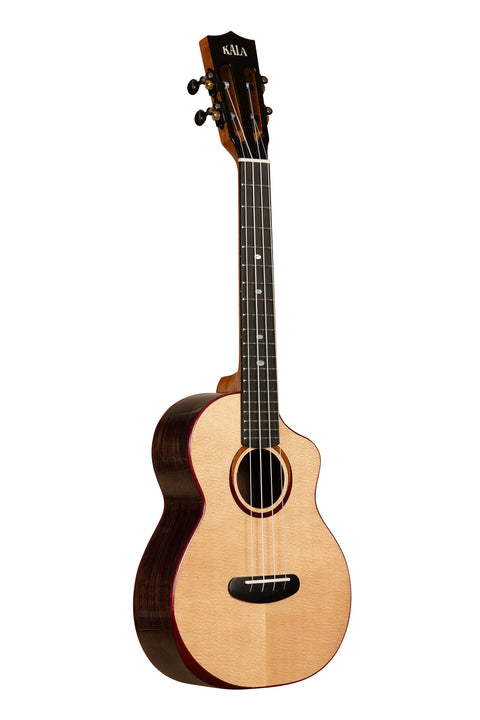 A Contour All Solid Gloss Spruce Rosewood Tenor Ukulele w/ Cutaway and Bag shown at a right angle