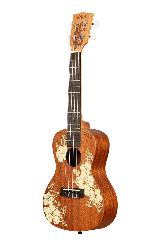 A Hibiscus Mahogany Concert Ukulele shown at a left angle