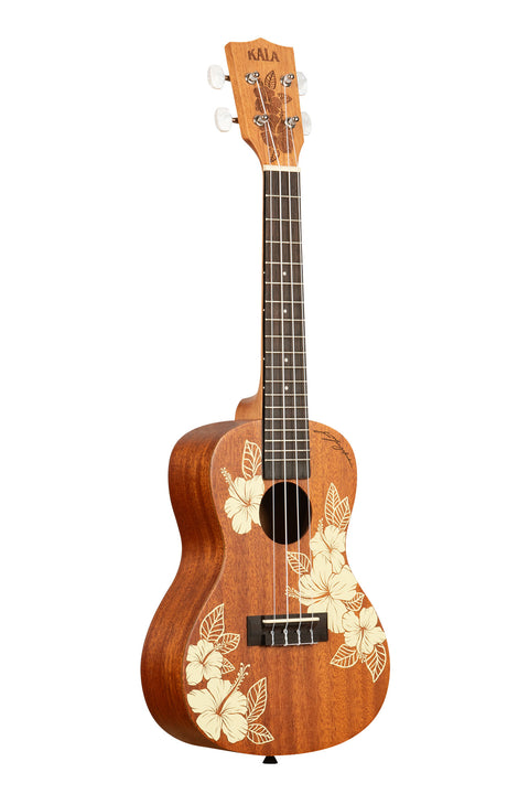 A Hibiscus Mahogany Concert Ukulele shown at a right angle