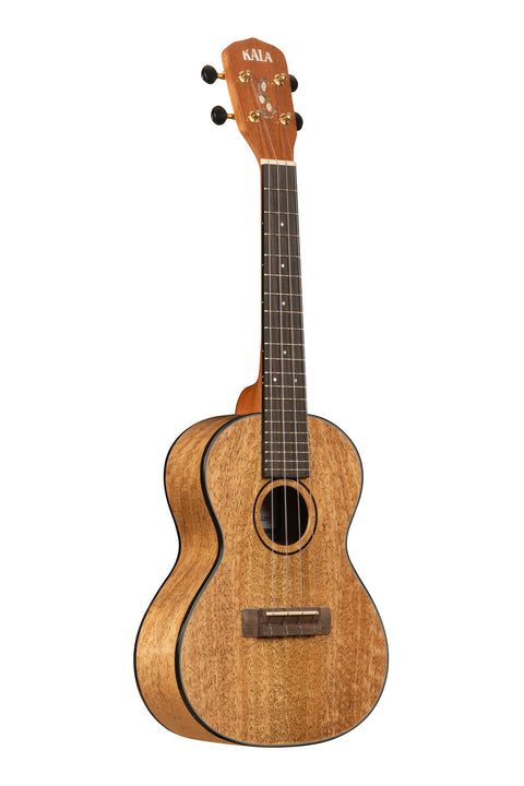 A All Solid Curly Mango Metropolitan™ Concert Ukulele shown at a right angle