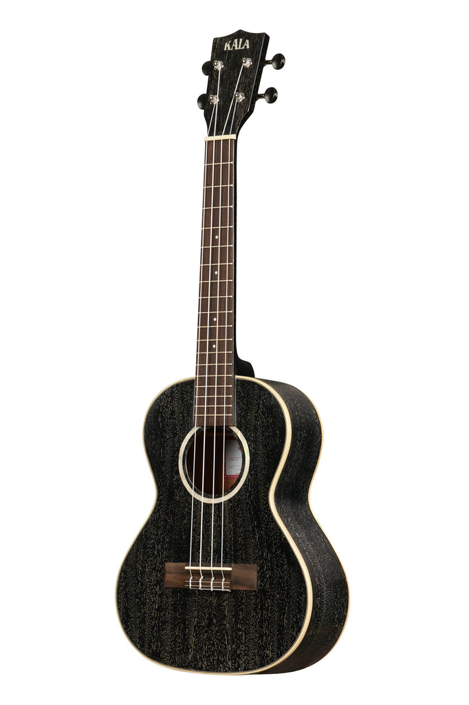 A All Solid Salt & Pepper Doghair Mahogany Tenor Ukulele shown at a left angle