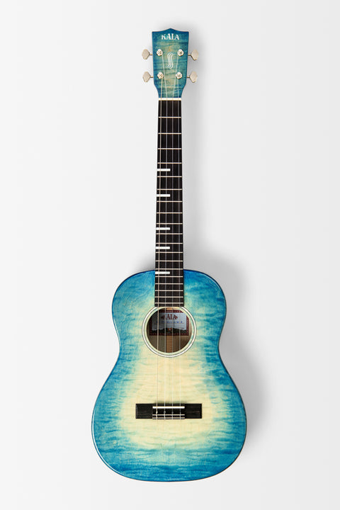 All Solid Blue Flame Maple Waterfall Baritone Ukulele w/ Bag