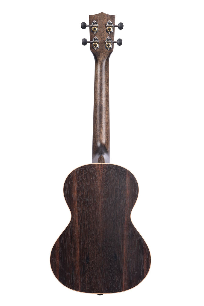 A Striped Ebony Tenor Ukulele shown at a back angle