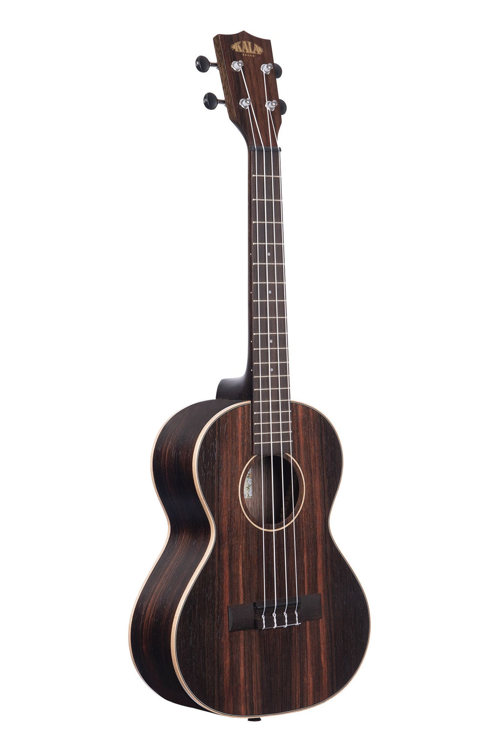 A Striped Ebony Tenor Ukulele shown at a right angle