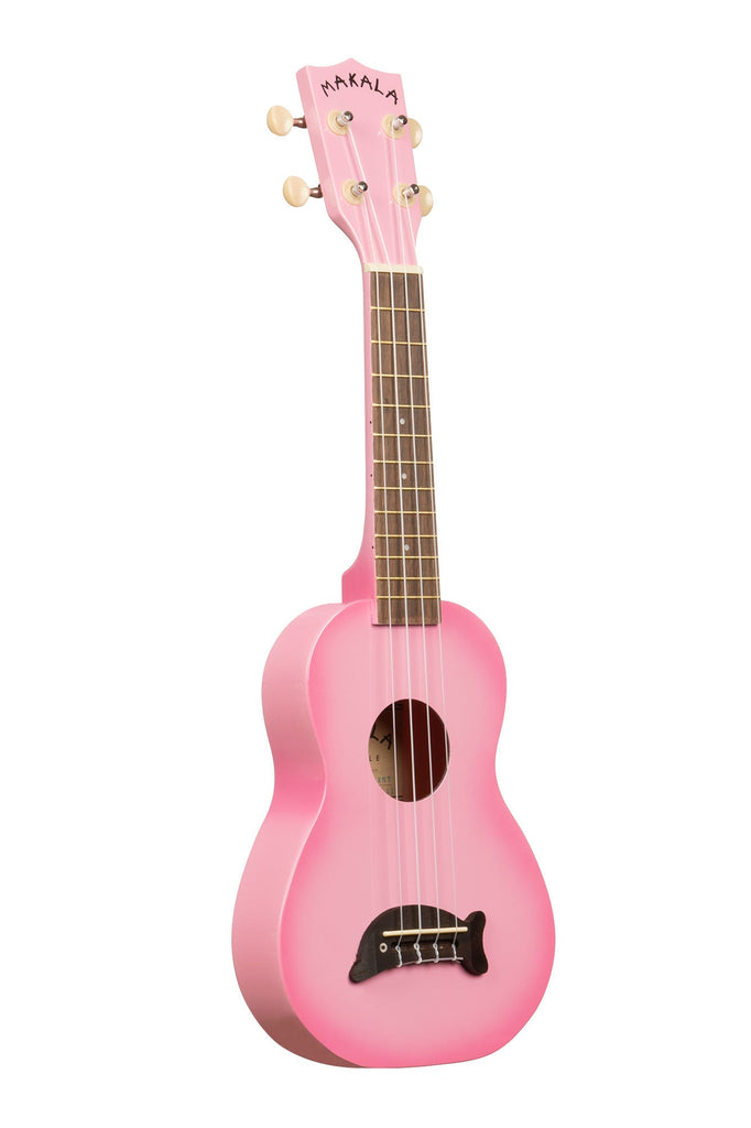 A Pink Burst Soprano Dolphin Ukulele shown at a right angle