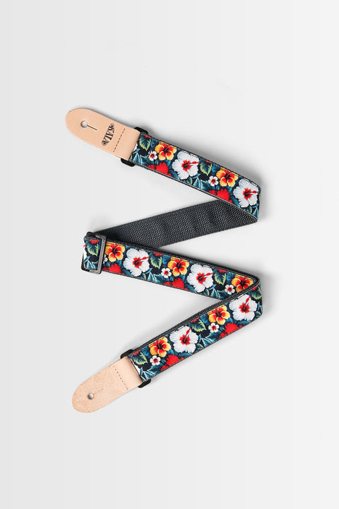 Vintage Hibiscus Print Ukulele Strap - Black