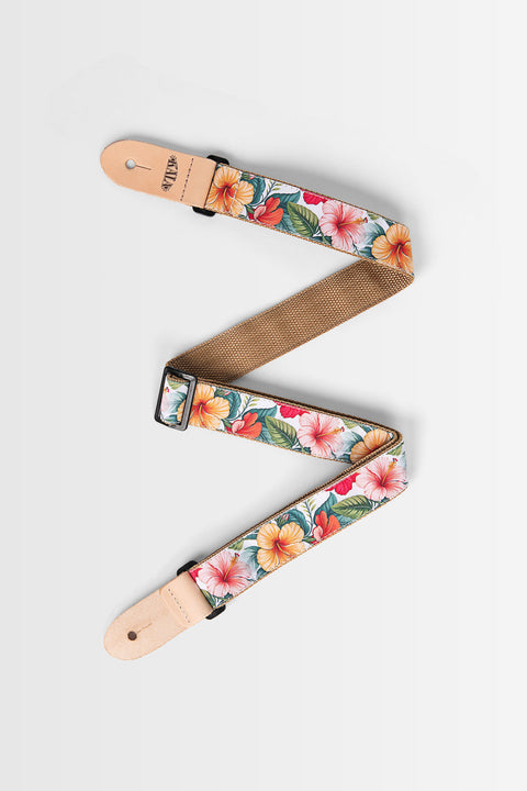 Vintage Hibiscus Print Ukulele Strap - White