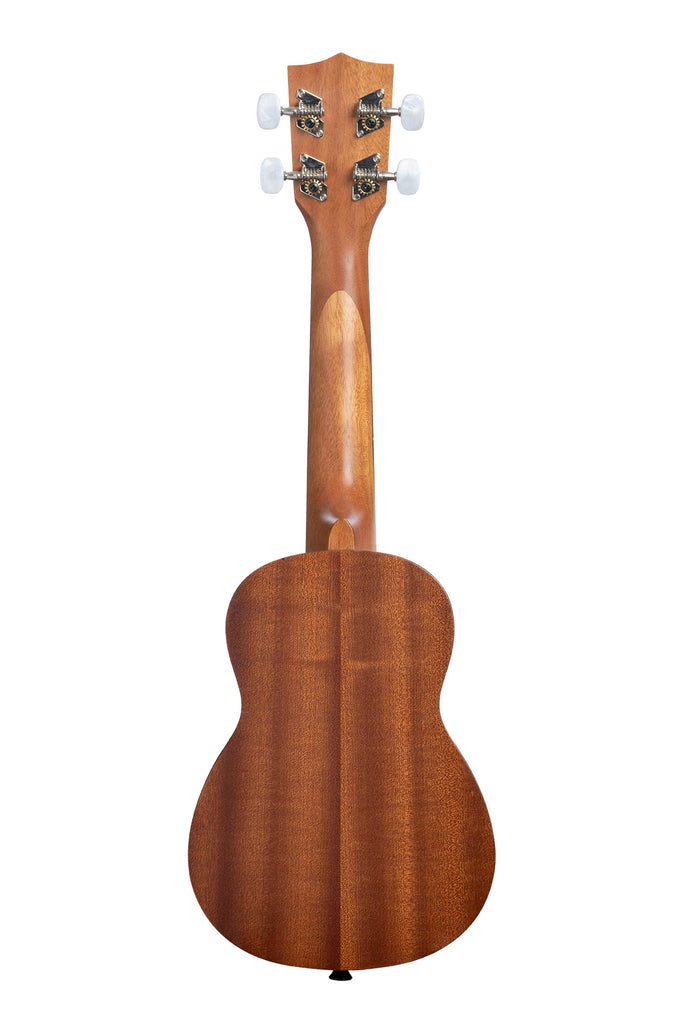 A Satin Mahogany Soprano Ukulele with Hawaiian Islands & Tattoo shown at a back angle