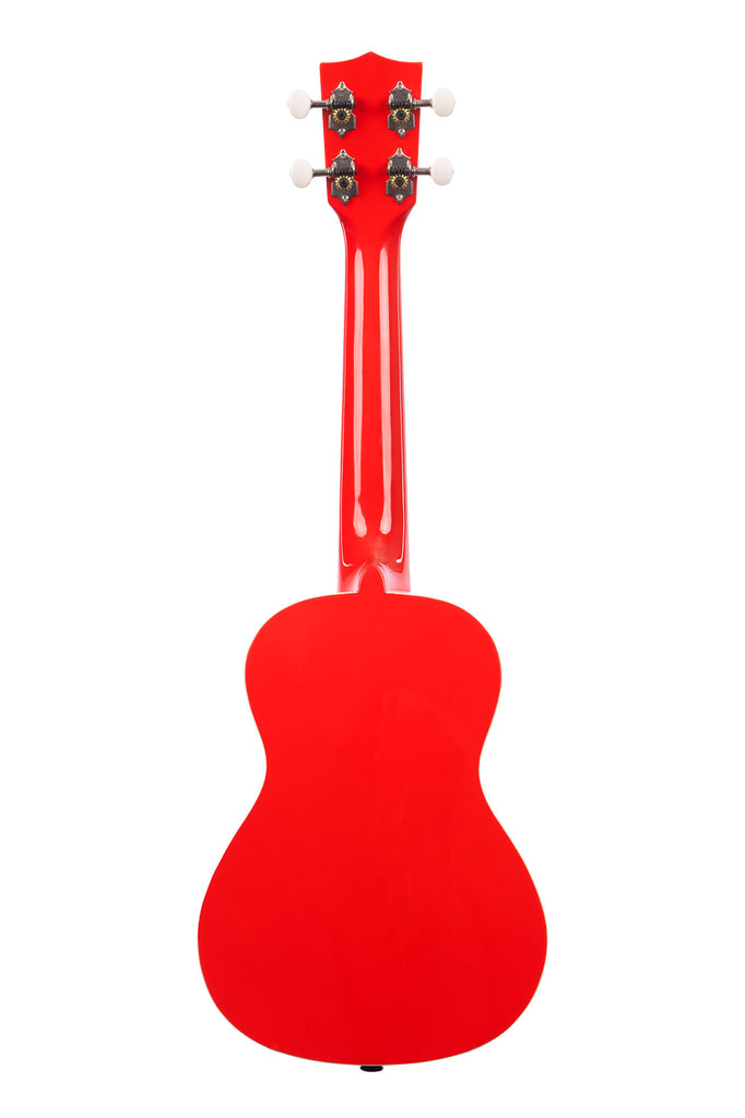 A Candy Apple Red Concert Ukulele shown at a back angle