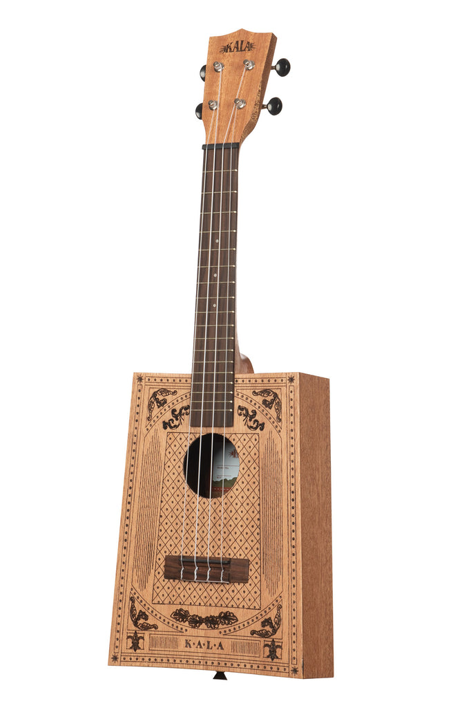 A Victorian Cigar Box Concert Ukulele shown at a left angle