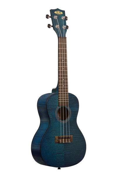 A Blue Exotic Mahogany Concert Ukulele shown at a right angle